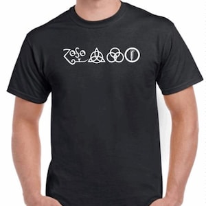 May include: A black t-shirt with a white graphic of the band Led Zeppelin's logo. The logo includes the band's name, a stylized 'Zoso' symbol, a triangle, a circle, and a feather.