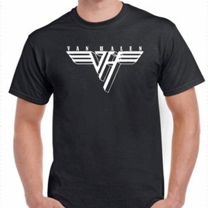 May include: A black t-shirt with a white Van Halen logo featuring a stylized "VH" with wings.