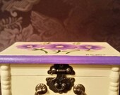 Small wood trinket box hand painted with pretty purple flowers.