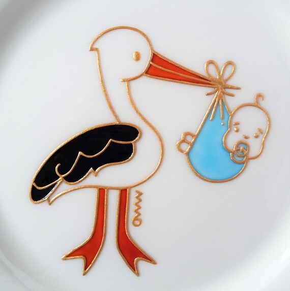 Christening Silver Plated Stork Blue Crystals For Boy