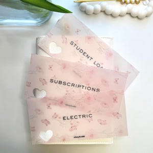 May include: Pink floral patterned budget envelopes with heart cutouts. The envelopes are labeled "Student Loan", "Subscriptions", and "Electric". The envelopes are stacked on top of a white wallet.
