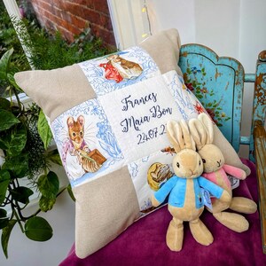 Beatrix Potter Patchwork script Cushion: Personalised Nursery Decor