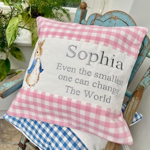 Peter Rabbit© Quote Cushion, Beatrix Potter©, Nursery decor , quote, beatrix potter quote, gingham cushion, pink cushion, embroidered