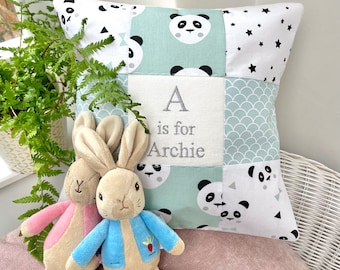 Mint panda alphabet cushion, mint cushion, panda cushion, alphabet cushion, patterned cushion