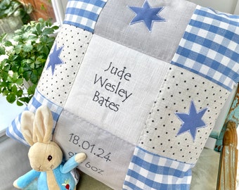 Blue and grey name, weight and date patchwork cushion,new baby pillow,birth details,