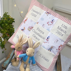 Peter Rabbit© Memory Cushion Pink- Personalised New Baby Gift - Beatrix Potter nursery  dec- Flopsy Bunny - Christening Gift - Birth Details