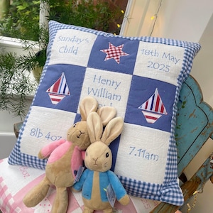 Memory Cushion® Blue - Personalised Baby Boy - Personalized Pillow - New Baby Gift - Christening Cushion - Keepsake Pillow - Birth Details -
