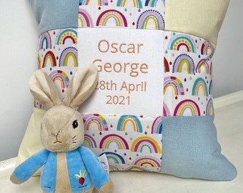 New baby rainbow cushion, newborn gift, new baby pillow, personalised baby cushion