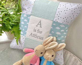 Mint Skies Alphabet Cushion, mint cushion, cloud cushion, baby cushion, nursery cushion, alphabet cushion, personalised cushion