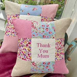 Thank You Mum Cushion: Floral Patchwork Embroidered Linen Pillow, Mother’s Day Gift