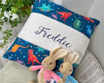 Colourful dinosaur name cushion,personalised cushion, jungle cushion, jungle nursery, embroidered pillow