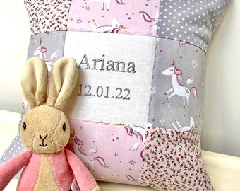 Unicorn Name and Date Cushion, unicorn cushion, name cushion, nursery cushion, pink cushion, grey cushion, patchwork cushion, girls cushion