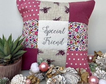 Special Friend Cushion - Special Friend Gift - Gift For Friend - Floral Cushion - Red Floral - Patchwork Cushion -  Best Friend Gift