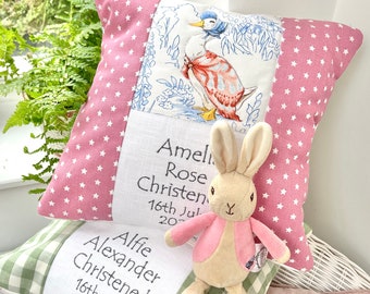 Beatrix Potter© Christening cushion sage or rose pink , newborn pillow, sage gingham,Baptism cushion