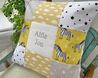 Zebra name cushion-Clouds Birthday Cushion Yellow, safari  nursery -birthday cushion, clouds cushion, nursery cushion, baby cushion-zebra -