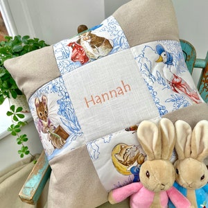 Beatrix Potter© Patchwork Name Cushion Natural, beatrix potter cushion, childrens cushion, nursery cushion, peter rabbit cushion, flopsy image 3