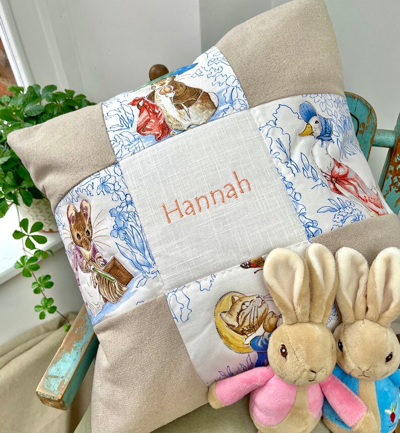 Beatrix Potter© Patchwork Name Cushion Natural, beatrix potter cushion, childrens cushion, nursery cushion, peter rabbit cushion, flopsy image 3