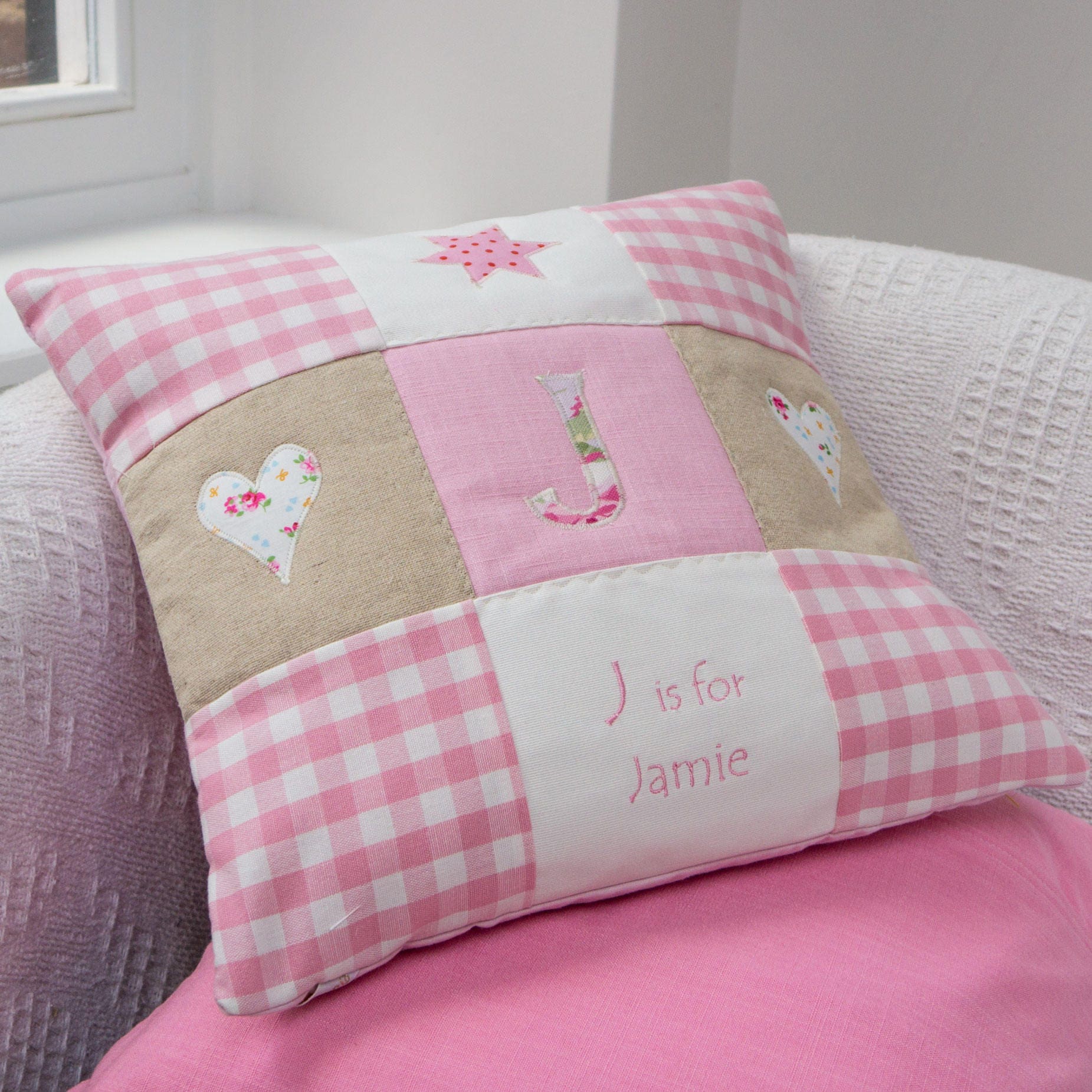 Personalised Alphabet Cushion Pink Gingham Cushion Blue Gingham Cushion
