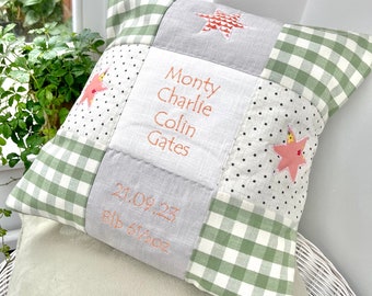 Sage gingham name, date and weight cushion New Baby Name Cushion - Neutral Nursery - 1st Birthday Gift - Christening Gift