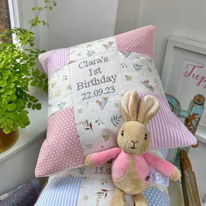 Peter Rabbit Birthday Cushion Pink - Personalised Baby Girl Gift - First Birthday Cushion - Pink Grey Nursery - Bunny Birthday Cushion