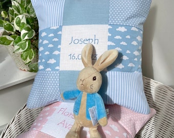 Personalised Patchwork Nursery Cushion – Embroidered Name, Baby Shower Gift