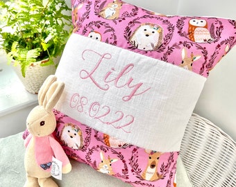 Woodland creatures personalised cushion,baby name pillow, pink and grey animal cu