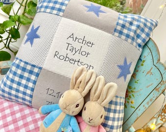 Blue and grey name, weight and date patchwork cushion,new baby pillow,birth details,nursery decor