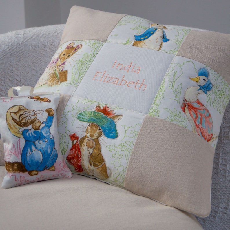 Beatrix Potter© Patchwork Name Cushion Natural, beatrix potter cushion, childrens cushion, nursery cushion, peter rabbit cushion, flopsy image 2