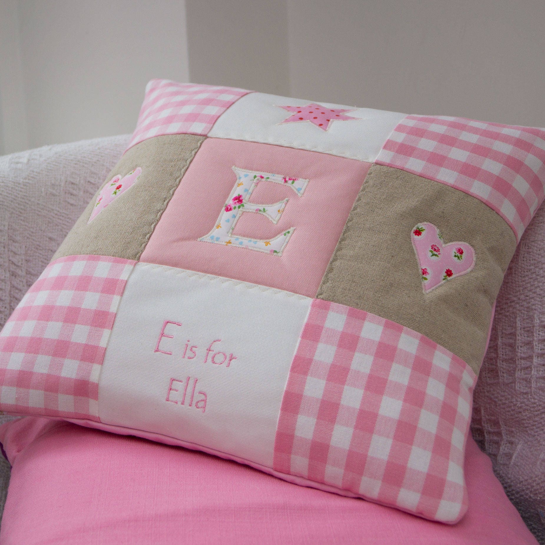 Personalised Alphabet Cushion Pink Gingham Cushion Blue Gingham Cushion