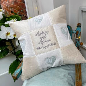 Silk Wedding Cushion, ivory silk, wedding cushion, wedding gift, silk cushion, lace hearts, wedding couple, newlyweds, mr & mrs, couple goal