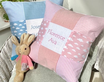 PersonalisedPink Patchwork Nursery Cushion, Embroidered Name