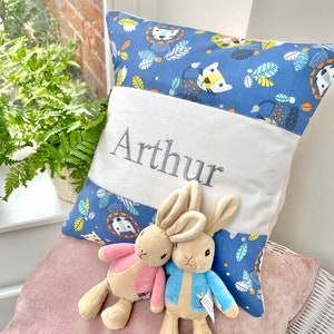 Big Cat Name Cushion, lion cushion, blue cushion, boys cushion, adventure cushion, baby gift, name cushion, nursery decor, animal themed