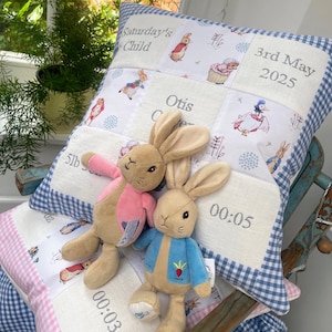 Può includere: Un cuscino decorativo con un bordo a quadretti blu e bianco e un design patchwork con illustrazioni di conigli e anatre. Due peluche a forma di coniglietto, uno rosa e uno blu, sono appoggiati sul cuscino. Il cuscino ha un testo ricamato.