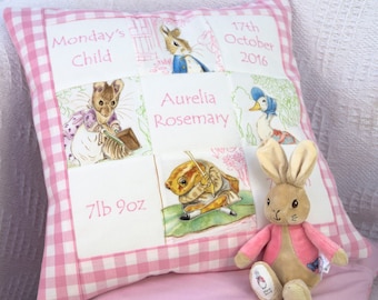Beatrix Potter© Personalised Memory Cushion® Gift Set - New Baby Cushion - Personalized Pillow - Peter Rabbit - Flopsy Bunny - Newborn Gift