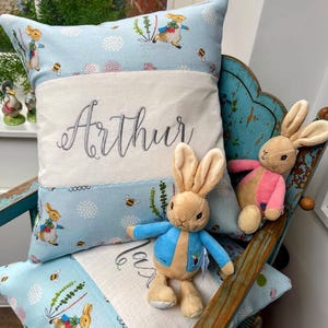 Peter Rabbit© Name & Date Cushion, Patchwork cushion,Peter rabbit nursery, beatrix potter, embroidered cushion, handmade gift, nursery decor