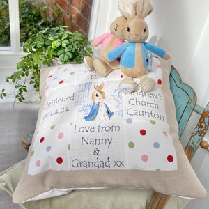 Peter Rabbit© Christening Memory Cushion*, Beatrix Potter Cushion, Memory Cushion, Christening Gift, Gender Neutral Gift, New Baby Gift