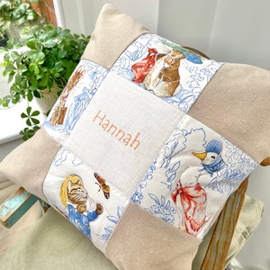 Beatrix Potter© Patchwork Name Cushion Natural, beatrix potter cushion, childrens cushion, nursery cushion, peter rabbit cushion, flopsy image 1