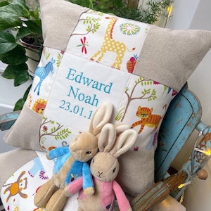 Personalised Jungle Animal Cushion: Embroidered Name and Date