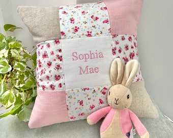 Pink Patchwork Name Cushion, pink cushion, patchwork cushion, floral cushion, girls cushion,