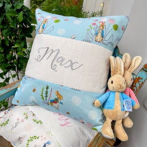 Peter Rabbit© Name & Date Cushion, Patchwork cushion,Peter rabbit nursery, beatrix potter, embroidered cushion, handmade gift, nursery decor