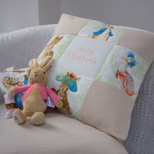 Beatrix Potter© Patchwork Name Cushion Natural, beatrix potter cushion, childrens cushion, nursery cushion, peter rabbit cushion, flopsy image 5