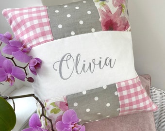 Pink and Grey Patchwork Name Cushion, Timeless Cushion, Cushion for her, Girls Cushion, Nursery Cushion, Grandmother Cushion, Mums Cushion