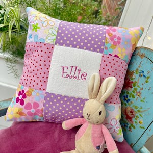 Bright Embroidered Name Cushion – Pink Purple Patchwork Pillow, Baby Girl Gift