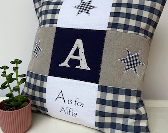 Baby navy alphabet cushion-newborn gift, navy and natural, personalised baby cushion, patchwork pillow