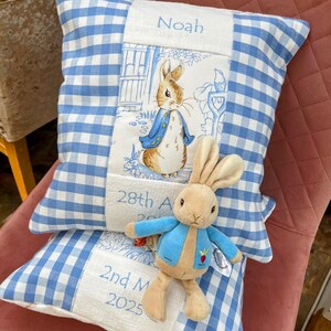 Beatrix Potter© Pastel Name and Date Cushion Blue - Handmade Cushion - Peronsalized Pillow - Personalised Cushion - New Baby Cushion