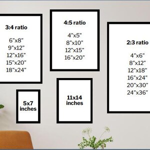 May include: A white wall with four black frames containing different aspect ratios and sizes for prints. The frames are labeled with the ratios 3:4, 4:5, 2:3, and 5x7 inches. The frames contain lists of common print sizes in inches.