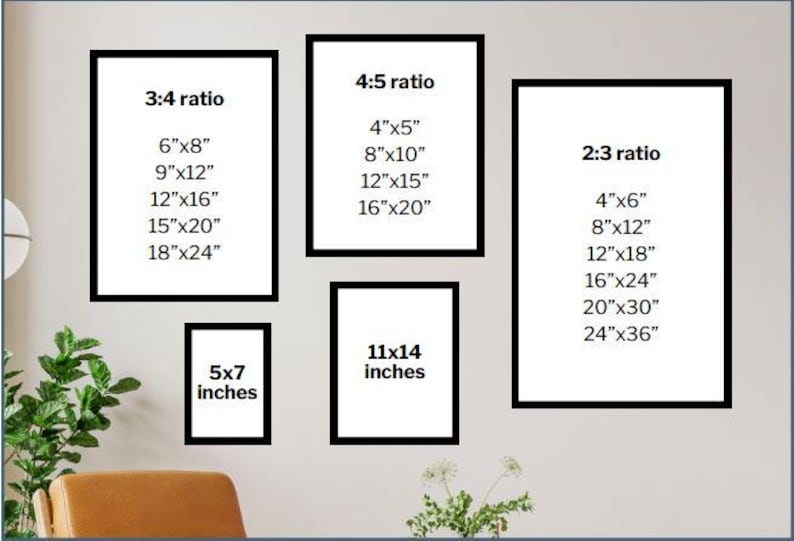 May include: A white wall with four black frames containing different aspect ratios and sizes for prints. The frames are labeled with the ratios 3:4, 4:5, 2:3, and 5x7 inches. The frames contain lists of common print sizes in inches.