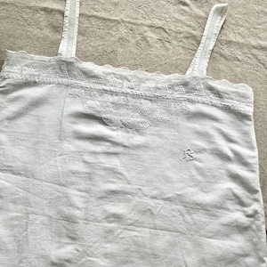 Antique white cotton camisole top lace trimmed and embroidered initials XS