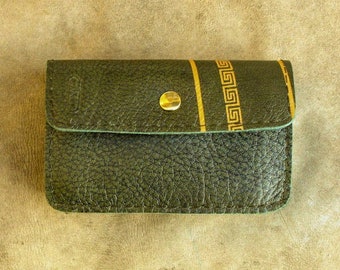 Multifunctional bag, upcycled cowhide dark green pocket flap with gold border