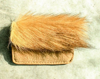 Small wallet/EC card case made of light brown-yellow recycled nubuck leather & new goatskin